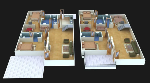 黑色底座上有家具的两张现代平面图的3D彩色插图 — 图库照片