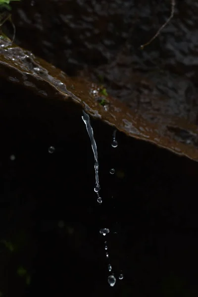 Primer Plano Del Agua Cae Superficie Marrón Fondo Negro —  Fotos de Stock