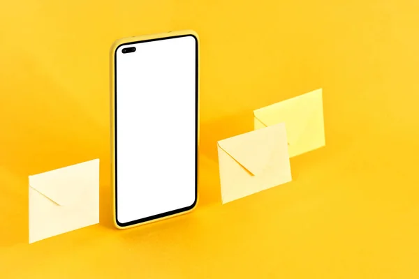 Smartphone Envelopes Isolated Yellow Background — Stock Photo, Image