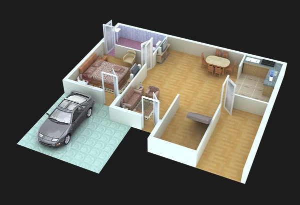 Een Kleurrijke Illustratie Van Moderne Plattegrond Met Auto Meubilair Een — Stockfoto
