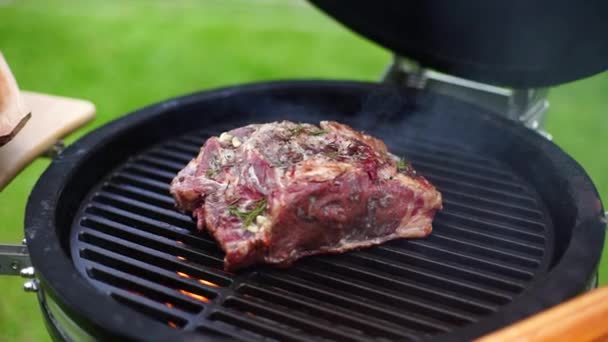 Close Van Een Barbecue Met Een Heerlijke Biefstuk — Stockvideo
