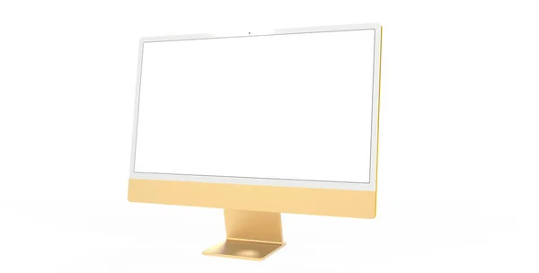 Sarı Çalışma Alanı Boş Ekran Masaüstü Bilgisayarı Mockup Bilgisayar Altını — Stok fotoğraf