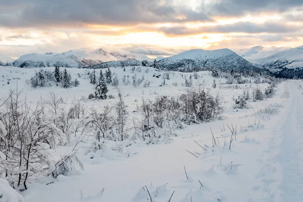 Прекрасный Вид Снежные Холмы Время Заката Волда Норвегия — стоковое фото