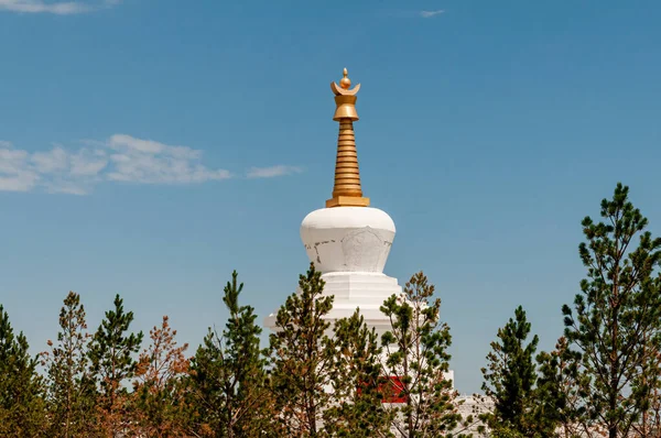 Buddyjska Świątynna Stupa Drzewami Pierwszym Planie — Zdjęcie stockowe