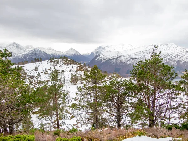 Paysage Hivernal Avec Des Montagnes Enneigées Arrière Plan Volda Norvège — Photo