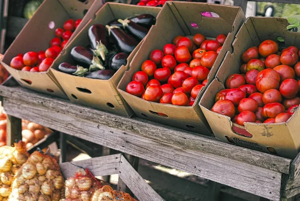 Brasow Rumunia Lip 2019 Stoisko Targowe Pudłami Pełnymi Pomidorów Bakłażanów — Zdjęcie stockowe