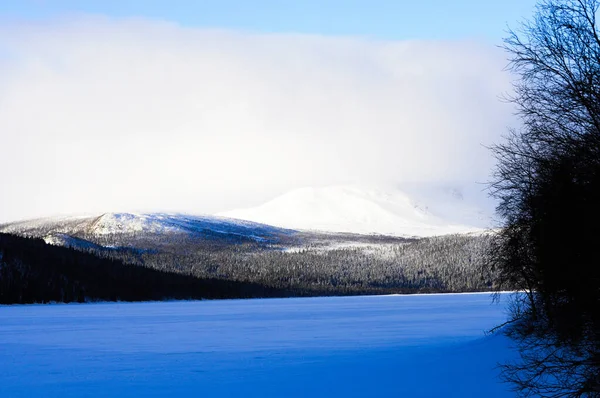 High Angle Shot Landscape Covered Snow Reflected Blue Sunlight — Stock Photo, Image