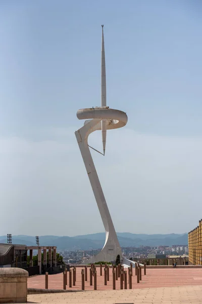 Barcelona España 2021 Torre Comunicaciones Montjuic Contra Cielo Gris Barcelona — Foto de Stock