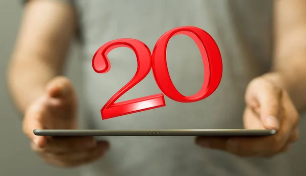 A person presenting a 3D render of 20 years anniversary celebration logotype