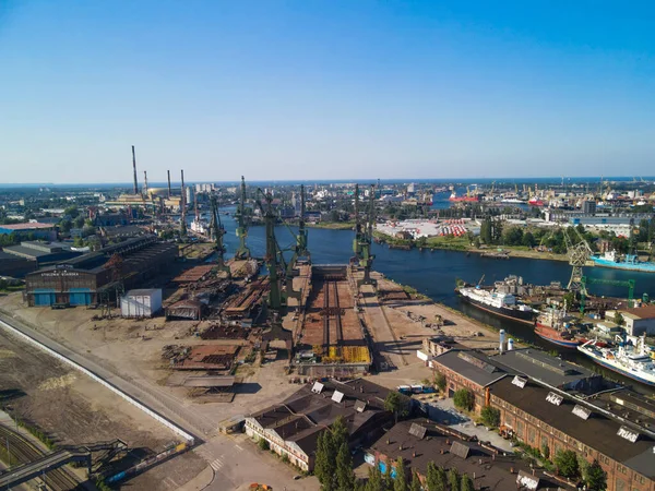 Gdansk Poland Jun 2021 Aerial View Ship Cranes Old Port — Stock Photo, Image