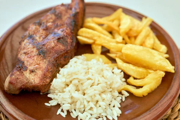 Plate Veal Cutlet Fried Potatoes Rice — Stock Photo, Image