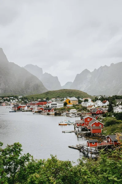 Uma Bela Vista Edifícios Residenciais Perto Uma Praia Reine Noruega — Fotografia de Stock