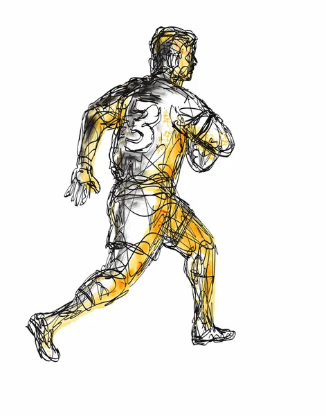 Watercolor Painting Pen Ink Sketch Illustration Rugby Player Running Ball — Stock Photo, Image