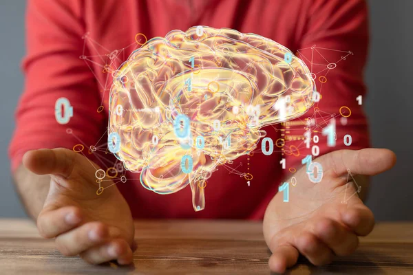 Concetto Digitale Modello Anatomico Del Cervello Umano Galleggiante Sulla Mano — Foto Stock