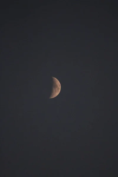 The half-moon in the middle of picture surrounded by dark blue sky