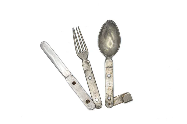 Closeup Shot Old Personal Cutlery Kit Soldier Isolated White Background — Stock Photo, Image