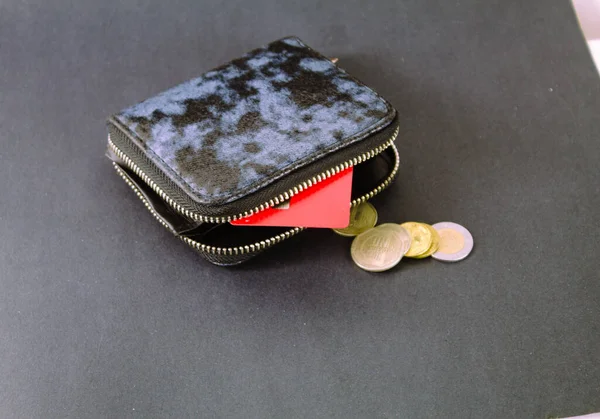 Closeup Coins Table Open Small Wallet — Stock Photo, Image