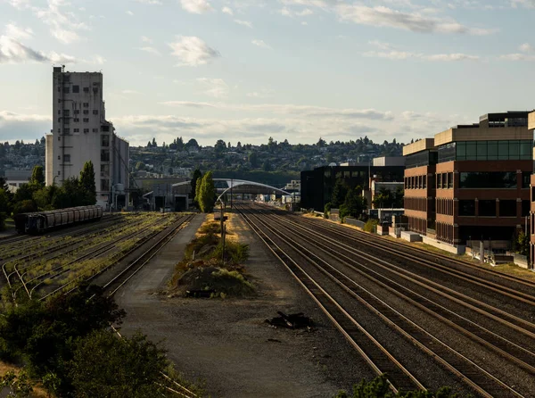 Ferrovia Trem Uma Paisagem Urbana — Fotografia de Stock