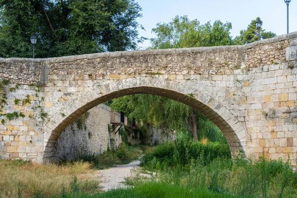 Uma Ponte Arqueada Pedra Velha Sobre Passarela Com Plantas Árvores — Fotografia de Stock