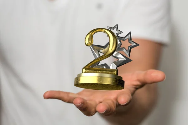 纪念或二等奖奖杯的数码3D 2号浮在手上 — 图库照片