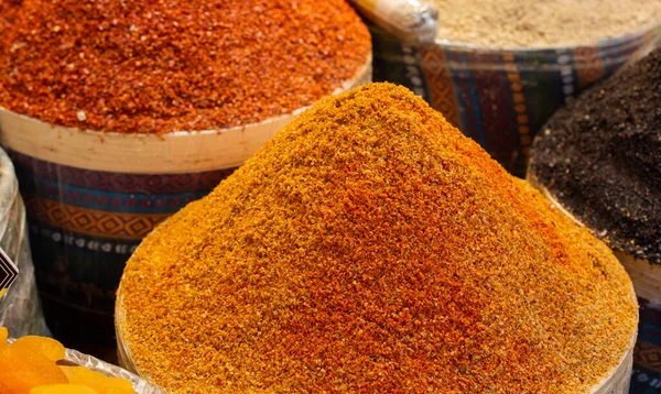 Closeup Heaps Colorful Spices Sold Market — Stock Photo, Image