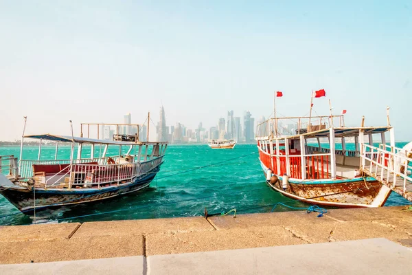 Doha Qatar 2019 Detailní Záběr Lodí Nábřeží Dohá Kataru — Stock fotografie
