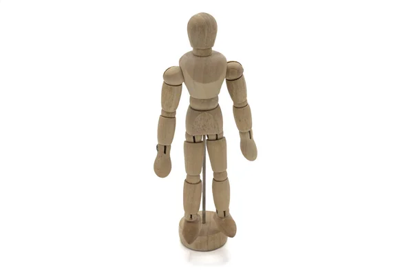 Closeup Shot Small Wooden Mannequin Make Poses White Background Royalty Free Stock Images