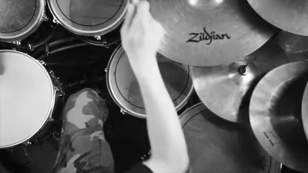 Black White Top View Man Playing Drums — Stock video