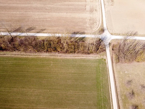 Uma Vista Aérea Campos Agrícolas Estradas Árvores — Fotografia de Stock