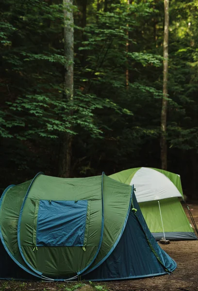 Close Tendas Acampamento Montadas Floresta — Fotografia de Stock