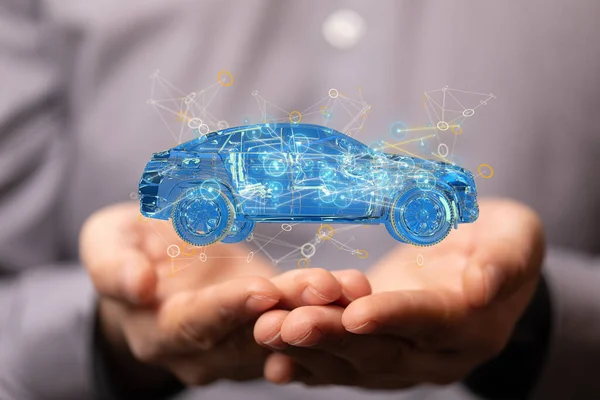 Concetto Digitale Guida Autonoma Con Auto Elettrica Galleggiante Nelle Mani — Foto Stock