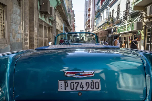 Habana Cuba 2019 Márc Közelkép Egy Retro Stílusú Kék Autóról — Stock Fotó