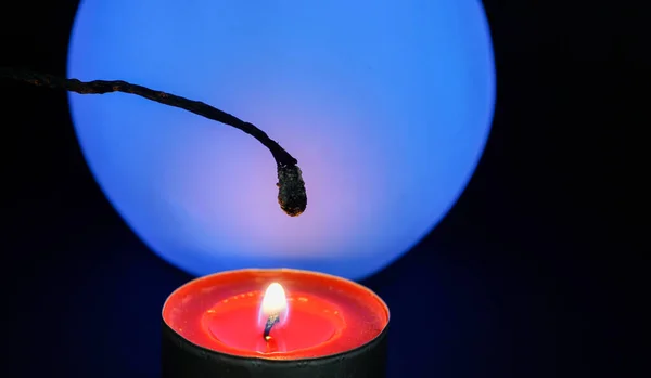 Closeup Shot Burned Match Burning Candle Background Blue Circle — Stock Photo, Image