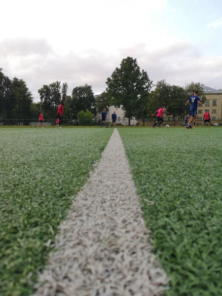 Kaunas Lituânia Julho 2020 Tiro Vertical Jogo Futebol Campo Futebol — Fotografia de Stock