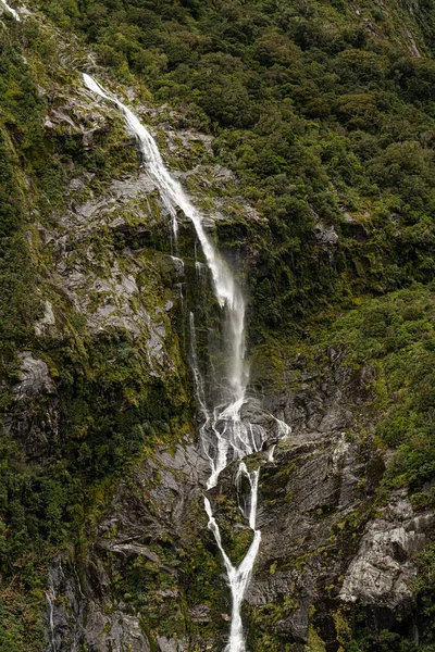 Vertikal Bild Vatten Kaskad Nerför Klippor Regniga Milford Sound Nya — Stockfoto