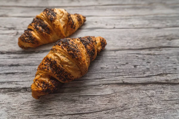 Delicious Chocolate Croissants Gray Wooden Table — Stock Photo, Image