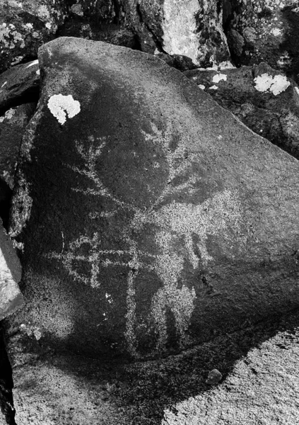 Disparo Escala Grises Antiguo Petroglifo Cazador Una Roca Cerca Azhdahak — Foto de Stock