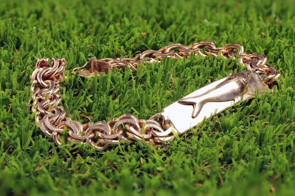 Closeup Precious Gold Chain Bracelet Artificial Grass — Stock Photo, Image