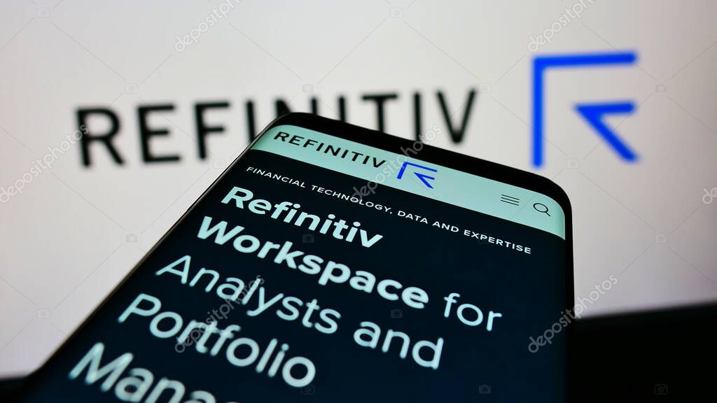 STUTTGART, GERMANY - Jun 08, 2021: Mobile phone with website of financial markets data comapny Refinitiv Limited on screen in front of logo. Focus on top-left of phone display.