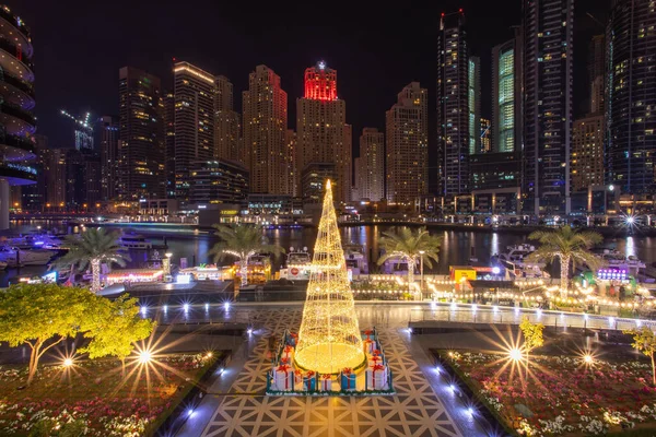 Une Soirée Noël Brillante Port Plaisance Dubaï Avec Des Lumières — Photo