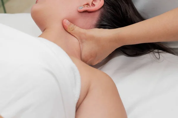Closeup Shot Woman Lying Her Back Getting Neck Massage — Stock Photo, Image
