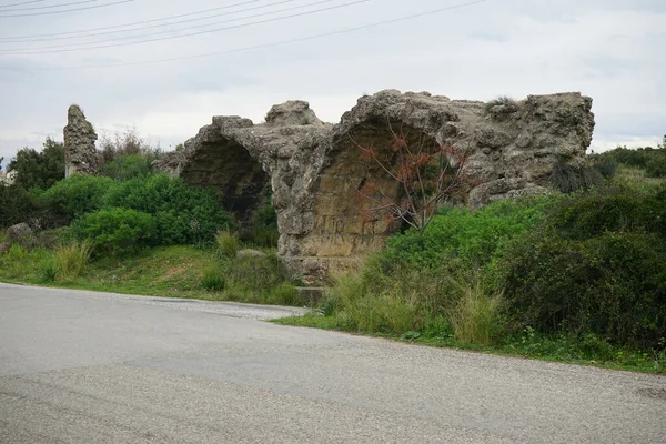 Primo Piano Due Vecchi Archi Pietra Danneggiati Circondati Alberi Cespugli — Foto Stock