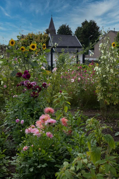 美しい野の花に囲まれた建物の垂直ショット — ストック写真