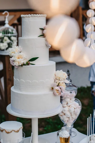 Una Toma Vertical Pastel Boda Blanco Bellamente Decorado Aire Libre — Foto de Stock