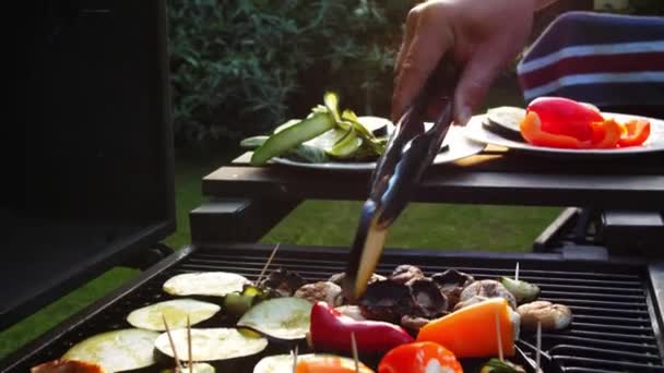 用蔬菜烹调烧烤和美味的烤肉 — 图库视频影像