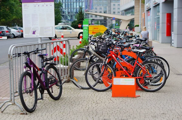 Poznan Poland Jul 2017 Group Bicycles Locked Metal Rack Roosevelta — Stock Photo, Image