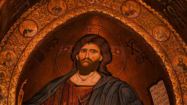 Widok Portret Cristo Pantokrator Katedrze Palermo Monreale Włochy — Zdjęcie stockowe