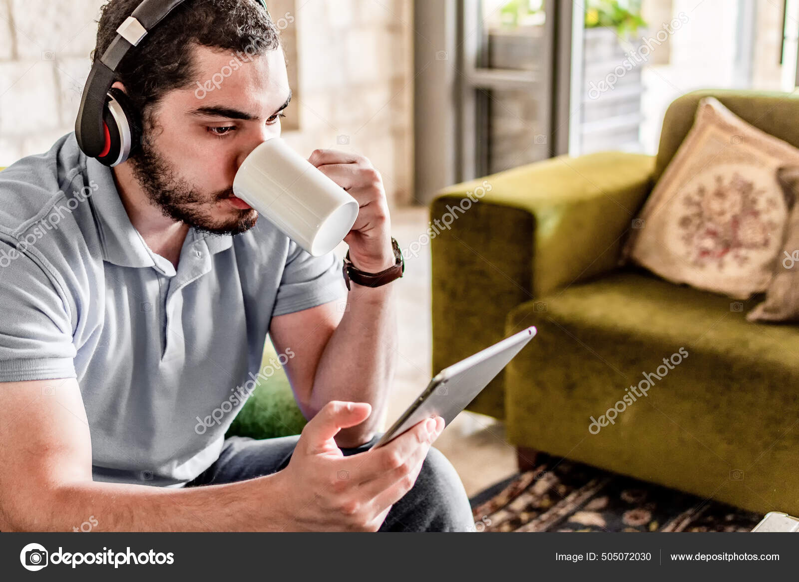 Young Sexy Middle Eastern Man Headphones Drinking Cup Coffee While.