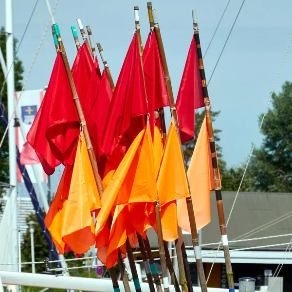 Closeup Shot Red Orange Flags Poles Used Fishermen Baltic Sea — Stock Photo, Image