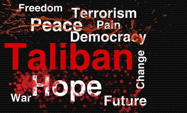 Várias Palavras Cobertas Sangue Torno Palavra Principal Talibã Fundo Preto — Fotografia de Stock